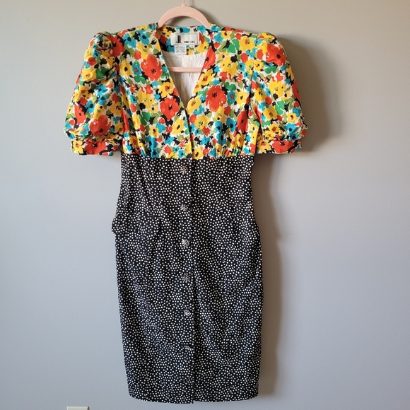 1980s floral silk cocktail dress puff shoulders dress with contrast skirt - Picture 16 of 16